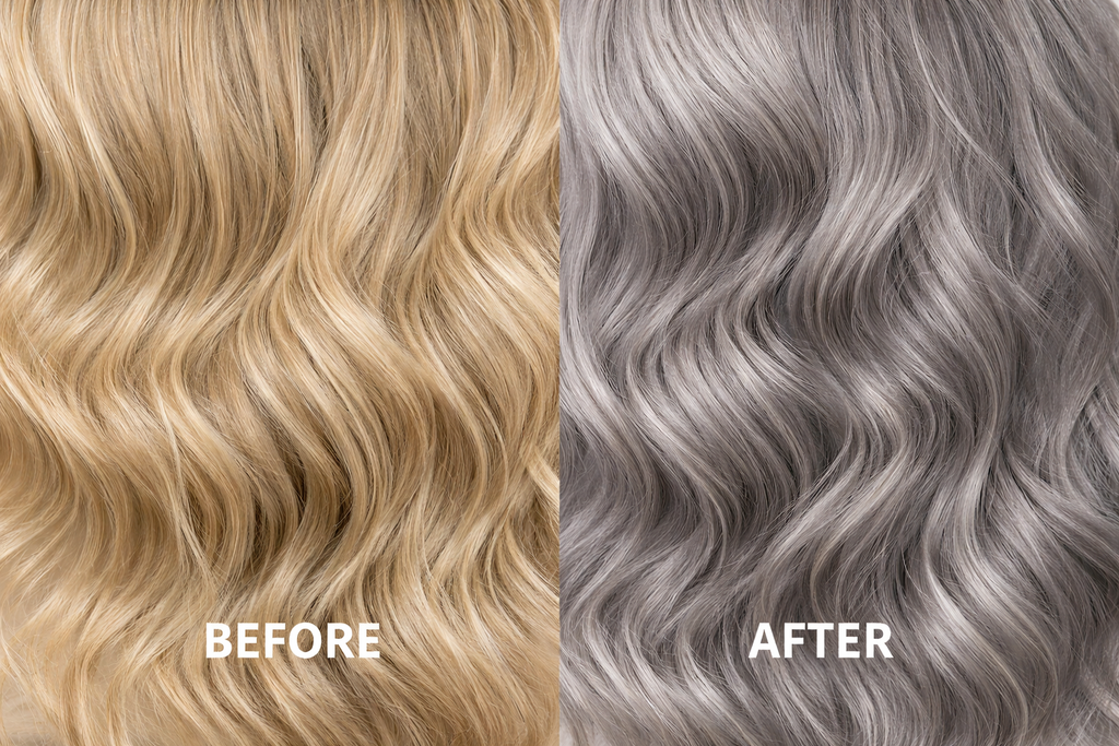 Before and after comparison of wavy hair color change from blonde to gray.